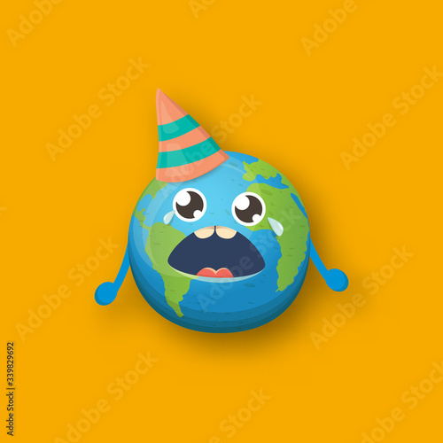 Cartoon cute crying earth planet character with funky hat isolated on orange background. Eath day or save the earth concept design poster template with funny earth globe © zmiter