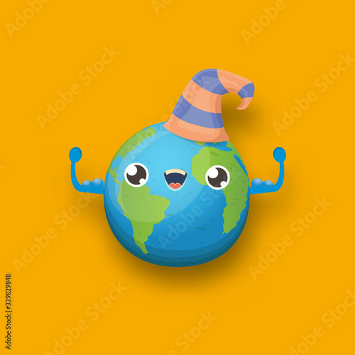 Cartoon cute smiling earth planet character with funky hat isolated on orange background. Eath day concept design party poster template with funny earth globe