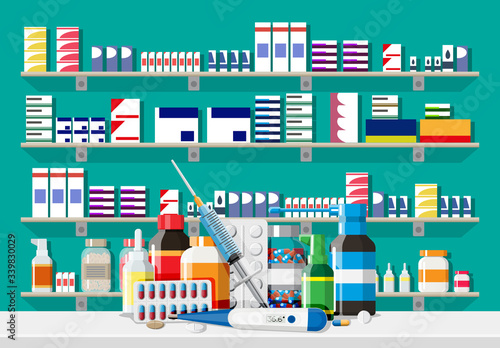 Modern interior of pharmacy. Medicine pills capsules bottles vitamins and tablets. Drugstore showcase. Shelves with medicines. Medical drug, vitamin, antibiotic healthcare. Flar vector illustration