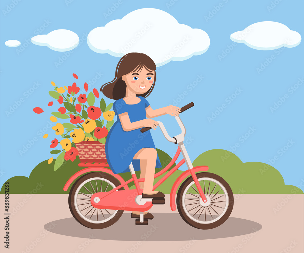 Vector flat illustration of the girl in bicycle with basket of flowers. Can be used as print, postcard, invitation, greeting card, packaging design, magazine and web illustration.