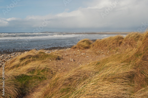 View on Atlantic ocean from dunes. Strandhill beach, county Sligo, Ireland, Yellow grass blue water and cloudy sky.