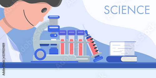 Scientist use microscope to examine blood cell from specimens. Concept science flat vector illustration.