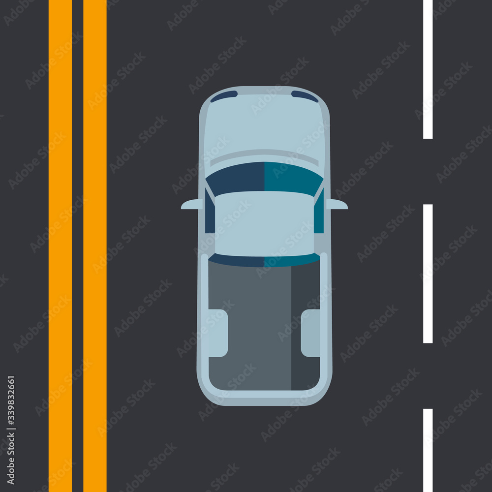 Fototapeta Car rides on the road. Movement on the highway. View from above. Cartoon style. Vector illustration