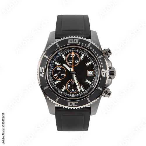 Luxury black steel watch made of steel with a black leather strap, front view isolated on white background