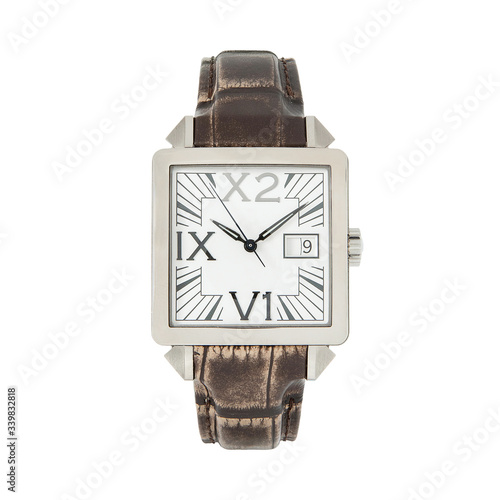 Square luxury wristwatch with roman numerals and calendar and brown leather strap, front view, isolated on white background