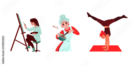 Set of girls engaged in their hobbies. Cooking, draw a picture, working out standing on her hands. 