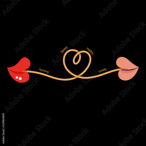 A couple eat spaghetti on black background.