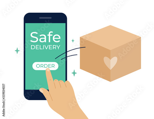 Contactless safe delivery service concept. Stay home, order goods online by smartphone. Human hand pressing button to order express delivery. Box flying out of mobile phone screen. Vector illustration