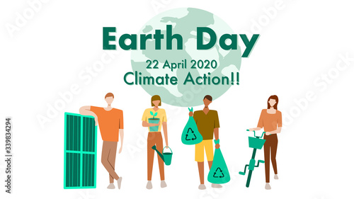 Earth day 2020 : Climate action concept : Use solar cell, Plant trees, Recyle waste, Reduce using car with bicycle, vector illustration. Flat design
