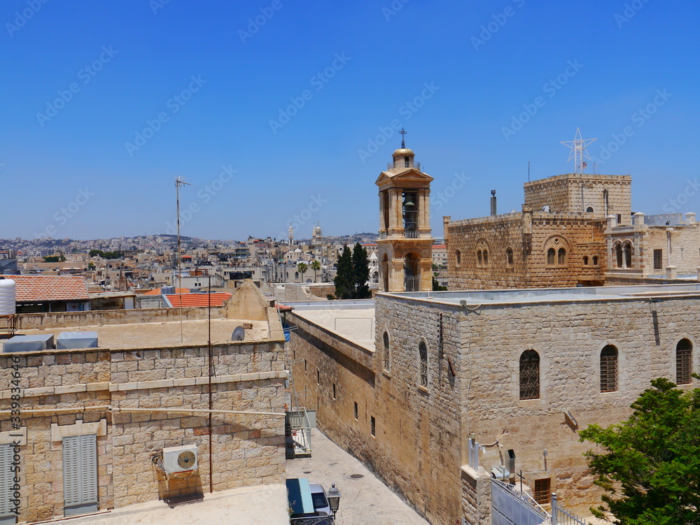 Panoramic view of the Church of the Nativity in Bethlehem, Palestine, West Jordan Land. Birthplace of Jesus Christ.