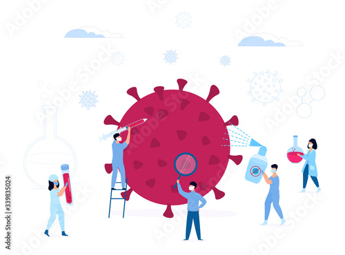 COVID-19. Coronavirus. Tiny medical workers examine the huge virus . Vaccine. Treatment. A nurse holds a syringe. Lab technician carries a test tube. Doctors fight infection