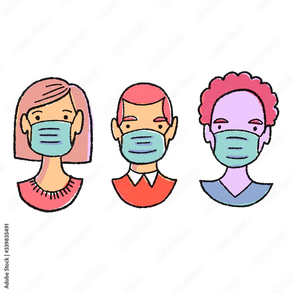 Different people wearing face masks. Different people wearing face masks.