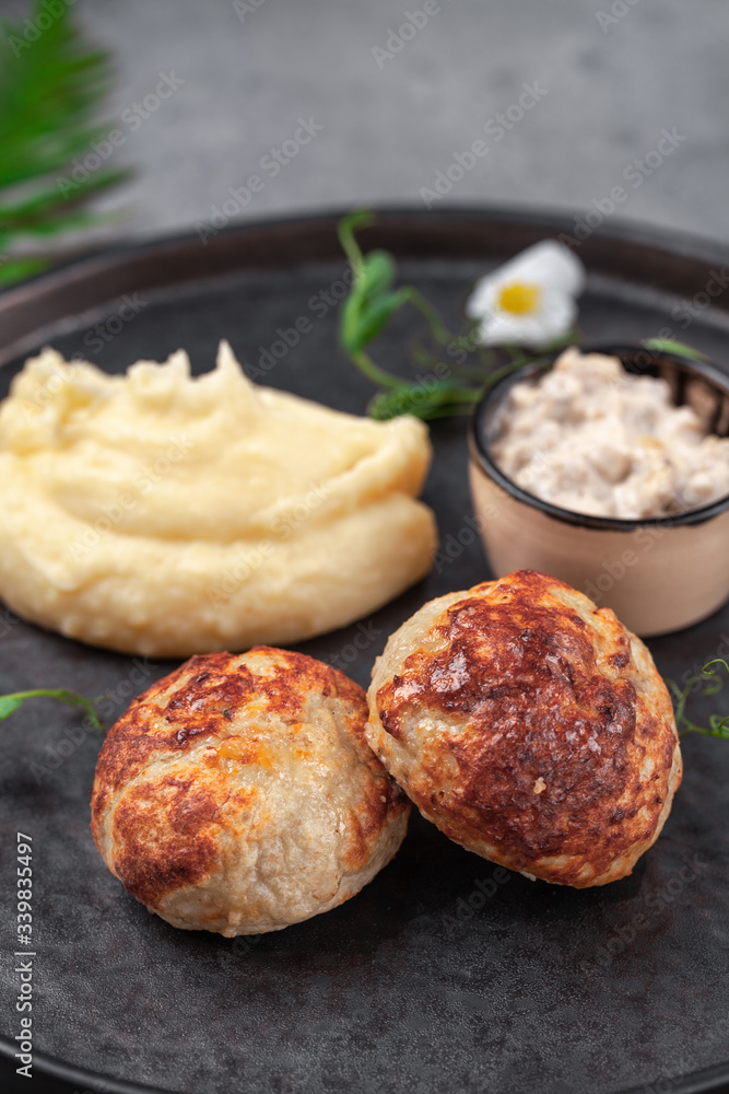 Homemade chicken meat patties with sauce, mashed potatoes Homemade chicken meat patties with sauce, mashed potatoes