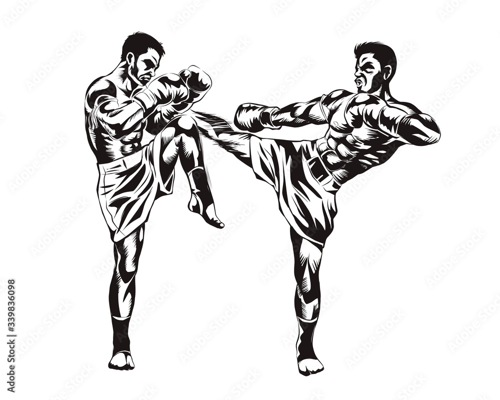 Thai boxing. Fighting. Muay thai. line hand drawn. high contrast