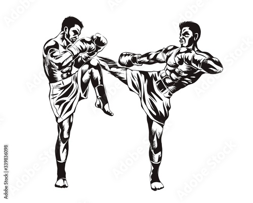 Thai boxing. Fighting. Muay thai. line hand drawn. high contrast. vector illustration isolated cartoon