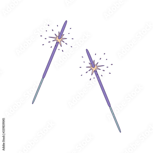 Vector illustration of burning sparkler with sparks. Isolated on white background.