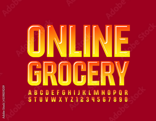 Vector bright banner Online Grocery. Gradient Yellow and Red Font. Glossy Alphabet Letters and Numbers