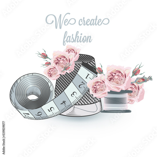 Fashion vector illustration with sewing accessories and roses