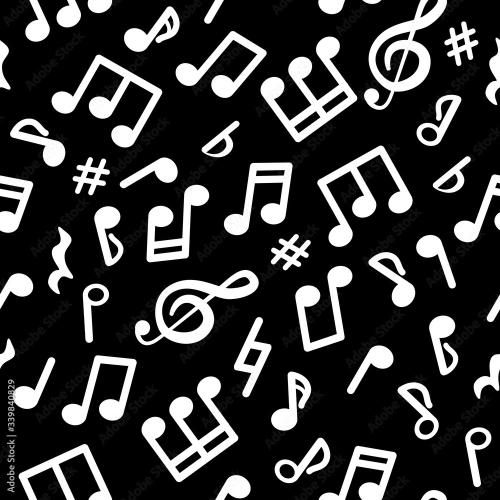 Abstract music seamless pattern of music notes. White notes on a black background. Vector illustration melody. Abstract music seamless pattern of music notes. White notes on a black background. Vector illustration melody.