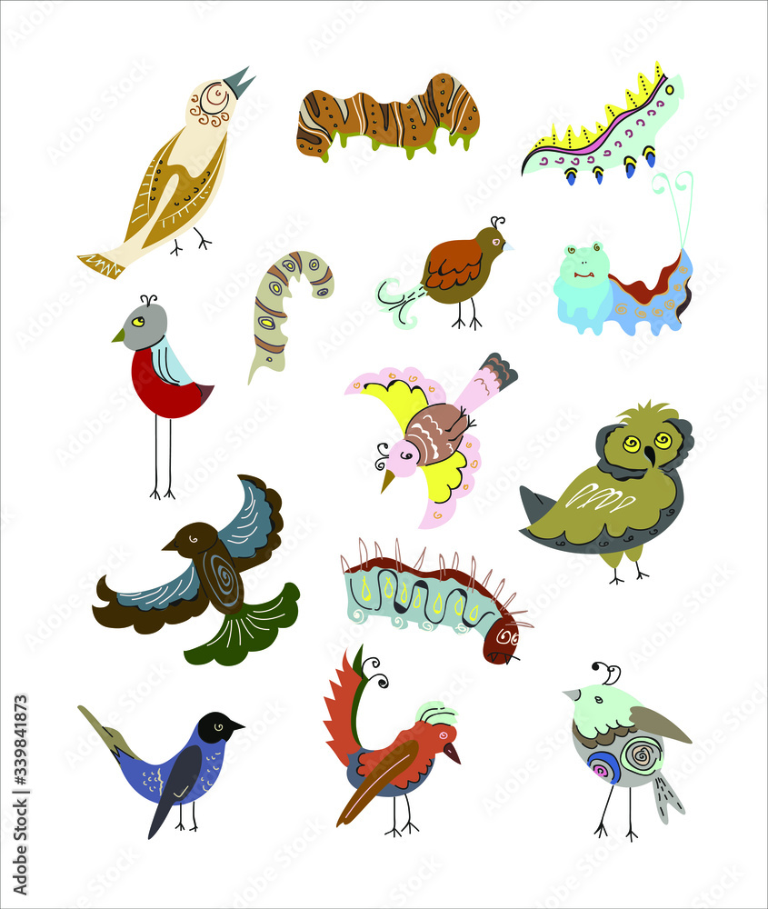 Fototapeta premium set of different birds and caterpillars on a white background