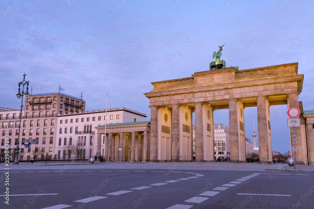 Deserted Berlin. Rush hour at the Brandenburg Gate with no people or cars
