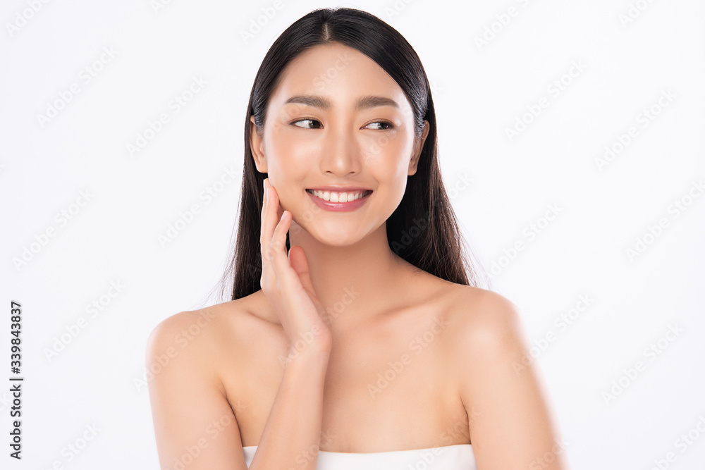 Beautiful Young Asian Woman with Clean Fresh Skin. Face care, Facial treatment, Cosmetology, beauty and healthy skin and cosmetic concept, woman beauty skin isolated on white background Beautiful Young Asian Woman with Clean Fresh Skin. Face care, Facial treatment, Cosmetology, beauty and healthy skin and cosmetic concept, woman beauty skin isolated on white background