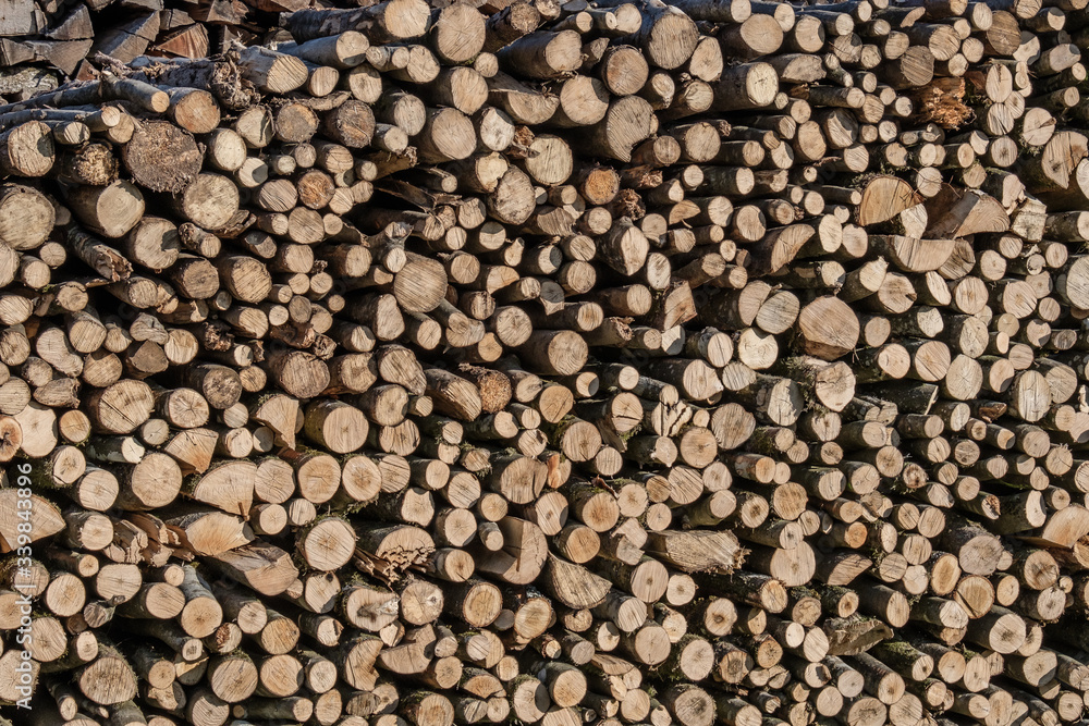 Geschichtetes und gestapeltes Brennholz / Kaminholz (Holzwirtschaft) Geschichtetes und gestapeltes Brennholz / Kaminholz (Holzwirtschaft)