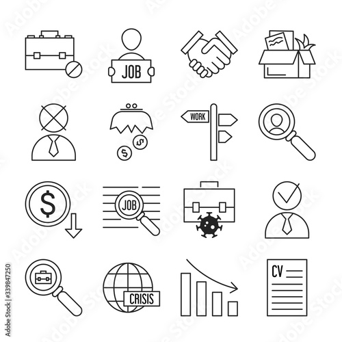 Collection of unemployment icons. Line art pictogram