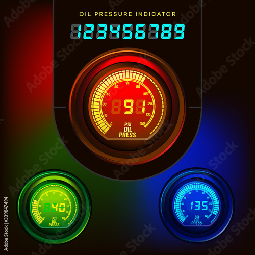 OIL PRESSURE INDICATOR. Digital. Red, green, blue. Gauge. Car. Bike.