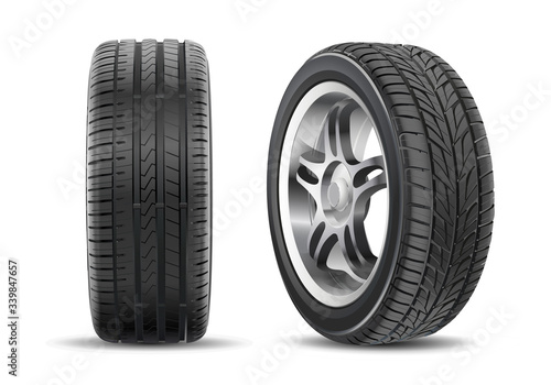 Car tires with different tread marks. Realistic vector tires set. Vector wheel icon. Tire shop, tyres change auto service. Isolated. White background.