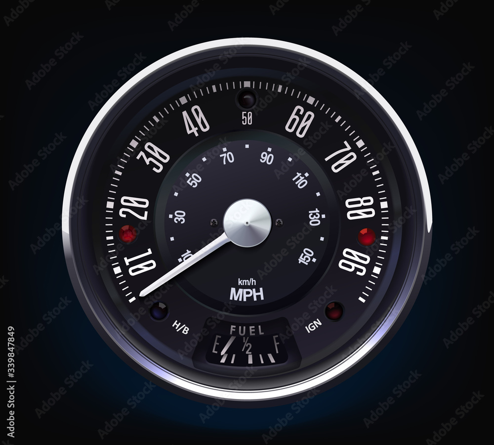 Retro Speedometer. Tachometer. Realistic vector. Round. Metal. Classic.