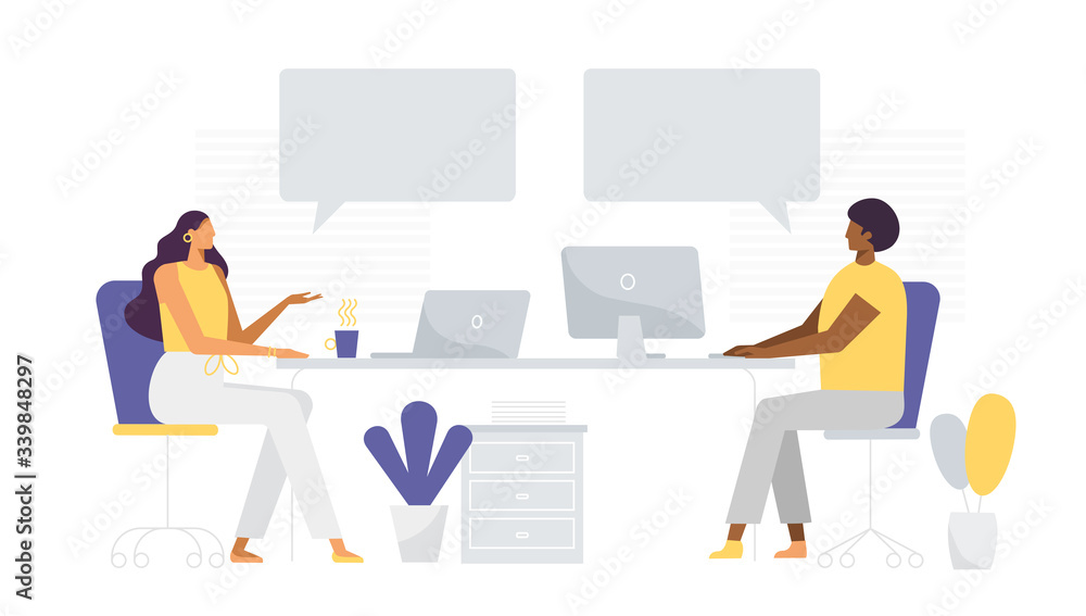 Man and woman work at modern office. African American and European people. Speech bubbles, place for your text. Remote work, freelance. Vector illustration, flat design. Man and woman work at modern office. African American and European people. Speech bubbles, place for your text. Remote work, freelance. Vector illustration, flat design.