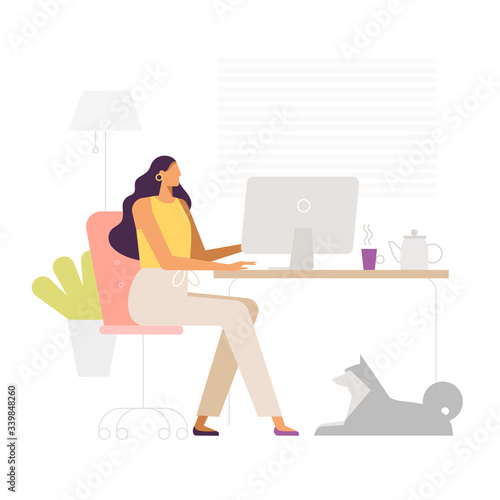 A business young woman remote works at home with dog. Office with a modern interior. Vector illustration, trendy style, flat design