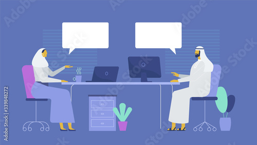 Arabs work in the office. Cartoon characters. Speech bubbles, place for text. Modern and comfortable office with windows and plants. Remote work, freelance. Vector illustration, flat design