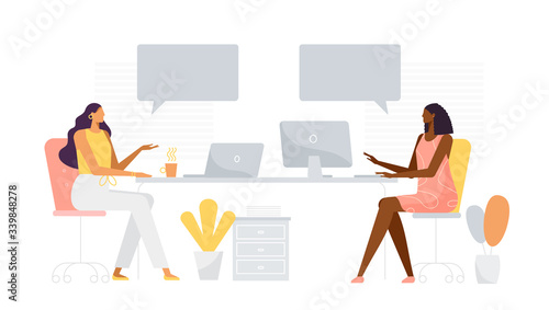 Two business young women working together. Speech bubbles, place for your text. Modern and comfortable office with window and plants. Remote work, freelance. Vector illustration,  flat design © Marina