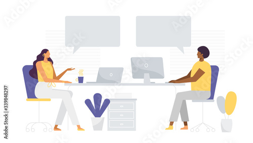 Man and woman work at modern office. African American and European people. Speech bubbles, place for your text. Remote work, freelance. Vector illustration, flat design.