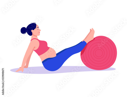 beautiful young pregnant woman exercises with fit ball in the gym. Working out and fitness, pregnancy concept. Vector illustration isolated on white background.