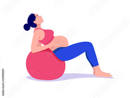 beautiful young pregnant woman exercises with fit ball in the gym. Working out and fitness, pregnancy concept. Vector illustration isolated on white background.