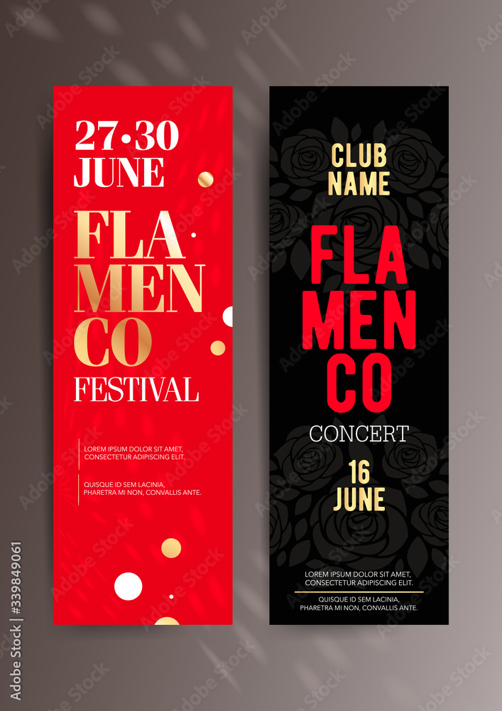 Set of two vertical flamenco banners templates with graphic elements and text. Set of two vertical flamenco banners templates with graphic elements and text.
