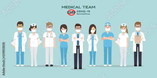 Doctors, nurses and medical staff holding poster requesting people avoid Corona virus and Covid-19 spreading by staying at home. Coronavirus Disease awareness.