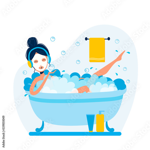 Vector woman is taking bath and listening to music in headphones. Bath accessories and soap bubbles in bath with a girl. Vector cartoon illustration on white isolated background.