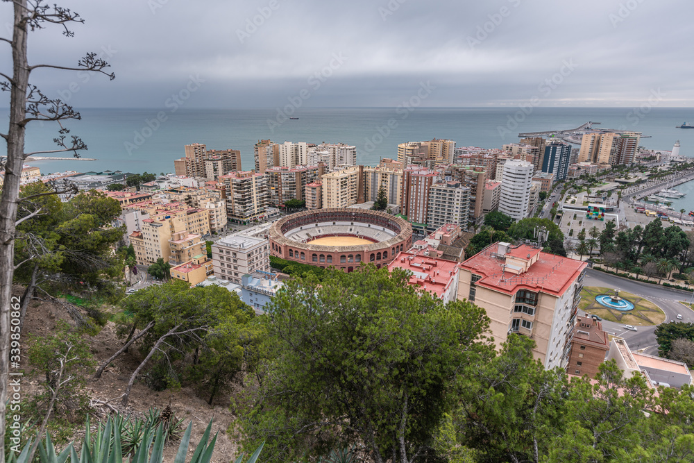 Obraz premium Malaga cityscape with bull arena from above
