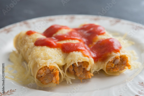 meat filled pasta on a plate. Italian cannelloni, Spanish canelones.
