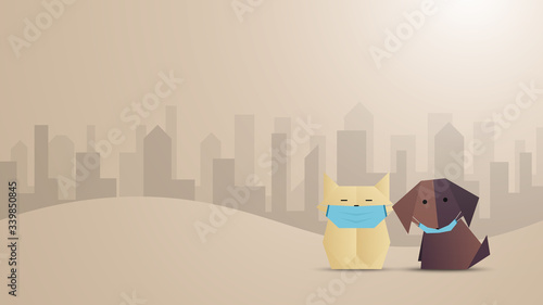 Dog and cat in origami wearing medical mask in the city . Vector illustration .  Pollution and Health for Pets Concept .