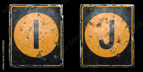Set of public road sign orange and black color with a capital letters I and J in the center isolated on black background. 3d