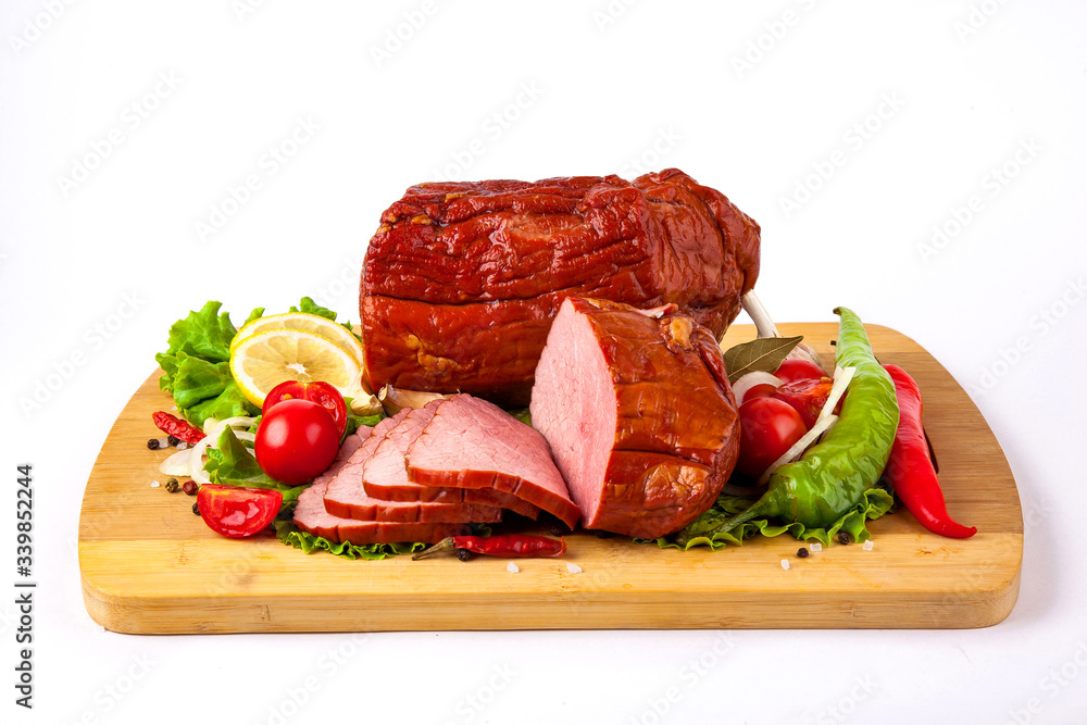 
food smoked meat with greens and vegetables white background