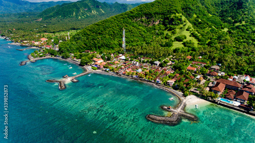 Aerial view of the beautiful bay in Candidasa Beach, Bali, Indonesia. photo