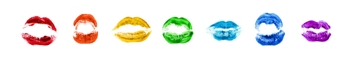 Rainbow colors lipstick kiss print set on white background isolated close up, colorful sexy lips make up stamp collection, iridescent female kisses imprint, love sign, passion symbol, group of icons