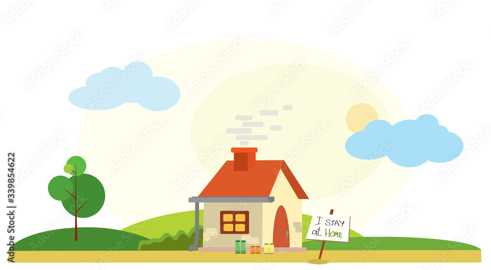 vector plate with the inscription on the background of the house with boots on the porch and the light in the window. I stay at home vector plate with the inscription on the background of the house with boots on the porch and the light in the window. I stay at home