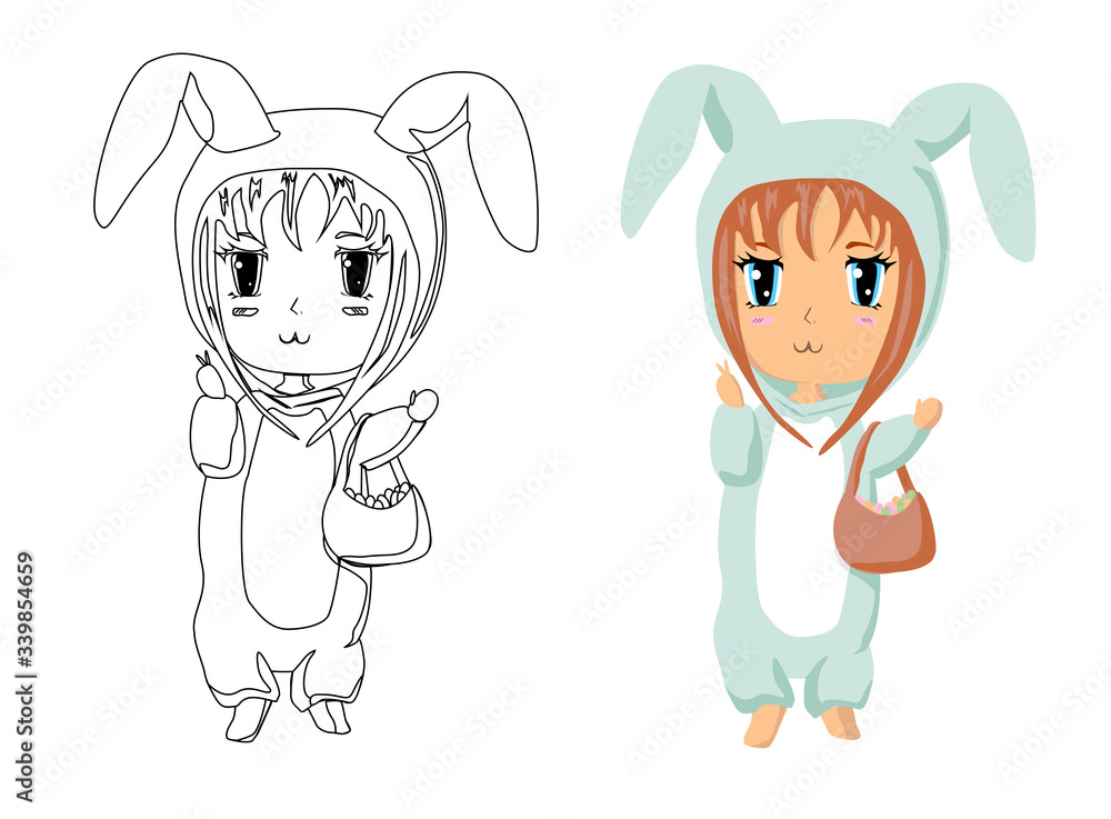 Vector anime character in rabbit kigurumi outline and colored. Cute illustration for coloring for children. Easter time. Coloring book, coloring page Vector anime character in rabbit kigurumi outline and colored. Cute illustration for coloring for children. Easter time. Coloring book, coloring page